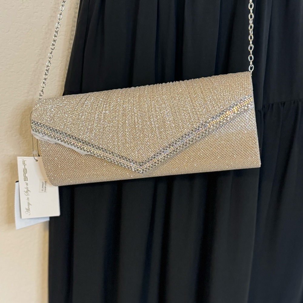 Gorgeous Champagne Gold Sparkly Evening Clutch Silver and An Extra Gold Chain
